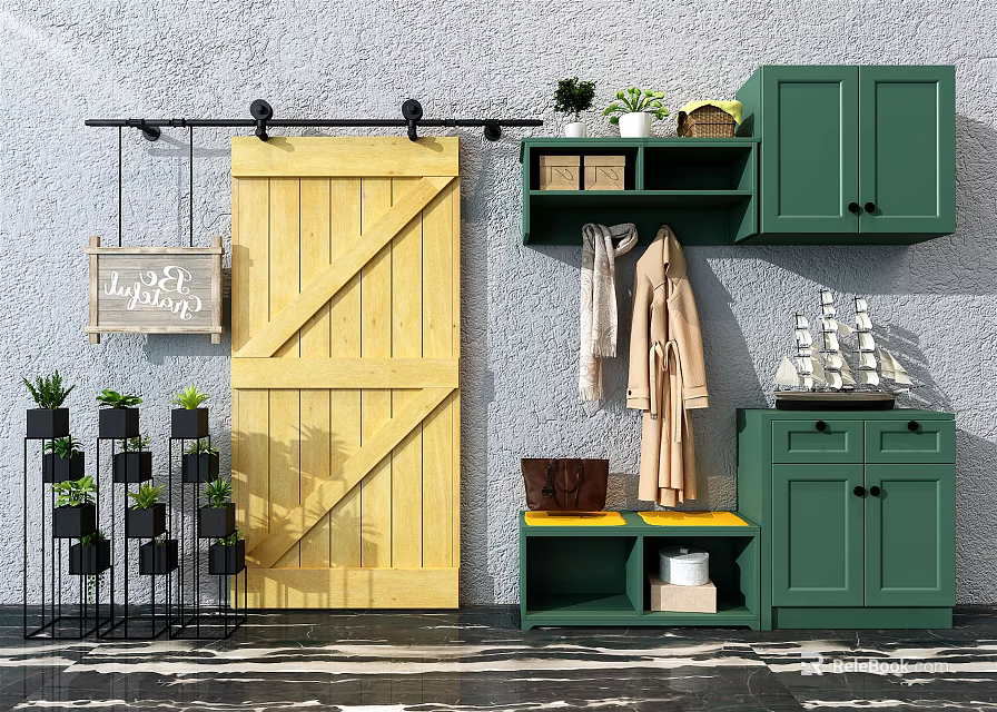 Modern Green Shoe Cabinet With Bench Coat Hanging Area And Decorative Plants 3d model 