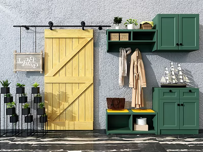 Modern Green Shoe Cabinet With Bench Coat Hanging Area And Decorative Plants 3d model