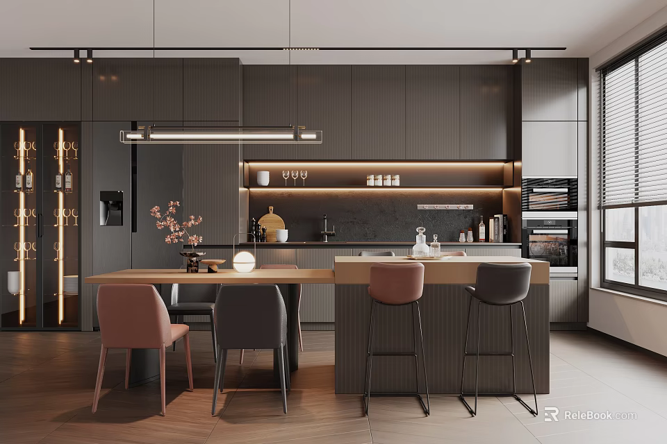 Modern Restaurant Interior Design With Dining Table Chairs Hanging Lights And Dark Cabinets 3d model 
