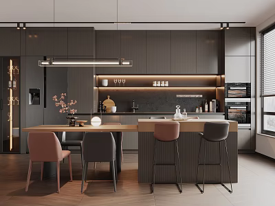 Modern Restaurant Interior Design With Dining Table Chairs Hanging Lights And Dark Cabinets 3d model