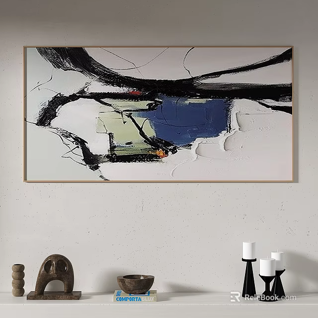 Contemporary Abstract Painting With Black Brushstrokes Blue Green Blocks Impasto Texture On White Wall 3d model 