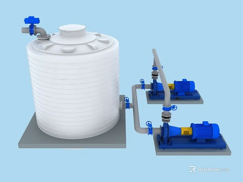 Industrial Equipment Setup Featuring White Storage Tank Blue Pumps Valves And Piping System 3d model 