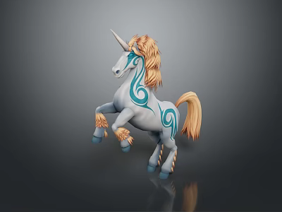 White Unicorn Figurine With Blue Tribal Patterns And Golden Mane Tail In Standing Pose 3d model
