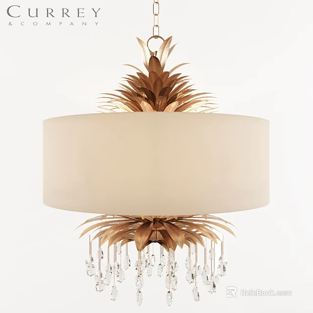 Elegant Chandelier Design with White Lampshade Golden Decorative Leaves and Crystal Pendants 3d model 