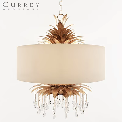 Elegant Chandelier Design with White Lampshade Golden Decorative Leaves and Crystal Pendants 3d model