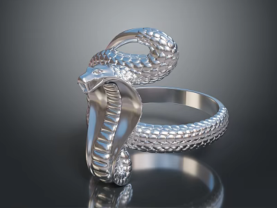 Silver Snake Ring With Coiled Design Detailed Head And Scaly Texture 3d model