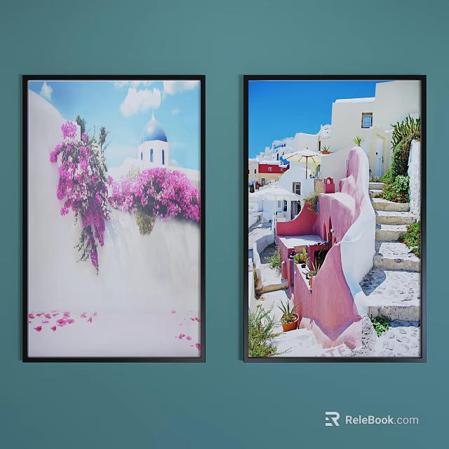 Landscape Paintings Of Santorini With White Buildings Blue Domes Pink Flowers And Stone Steps 3d model 