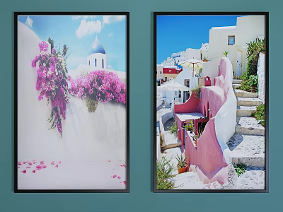 Landscape Paintings Of Santorini With White Buildings Blue Domes Pink Flowers And Stone Steps 3d model