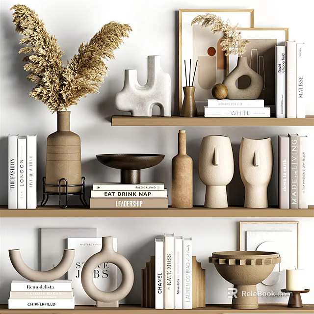 Modern Decorative Ornament Combination With Vases Books Dried Pampas And Sculptural Figurines On Shelves 3d model 