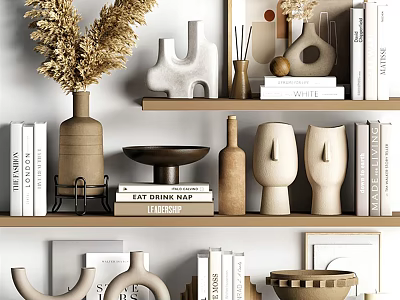 Modern Decorative Ornament Combination With Vases Books Dried Pampas And Sculptural Figurines On Shelves 3d model