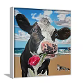 Animal Painting of Cow Holding Red Tulip Beach with Blue Sky White Clouds Little Kitten