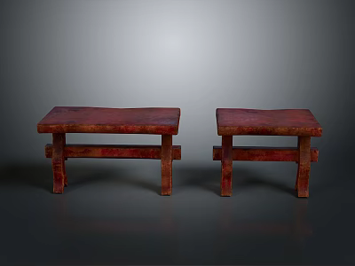 Two Red Wooden Stools Side By Side With Simple Design And Textured Surface 3d model