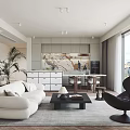 Modern Living Room Interior With Marble Fireplace White Sofa Black Armchair And Coffee Table