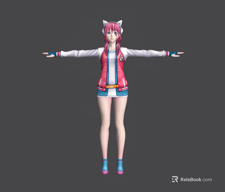 Anime Game Character Featuring Pink Hair Cat Ears Red White Jacket Blue Shorts Arms Outstretched 3d model 