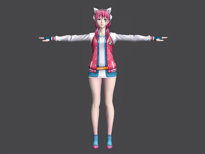 Anime Game Character Featuring Pink Hair Cat Ears Red White Jacket Blue Shorts Arms Outstretched 3d model