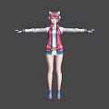 Anime Game Character Featuring Pink Hair Cat Ears Red White Jacket Blue Shorts Arms Outstretched
