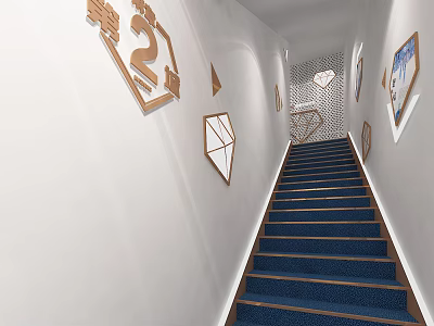 White Wall Corridor With Blue Carpeted Staircase Geometric Decorations And Number 2 Artworks 3d model
