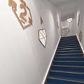 White Wall Corridor With Blue Carpeted Staircase Geometric Decorations And Number 2 Artworks