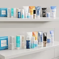 Various Colorful Perfume and Cosmetics Products Neatly Arranged on White Shelves