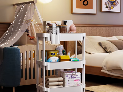 White 3 Tier Storage Shelf in Bedroom with Everyday Items Bed Tent and Wall Art 3d model