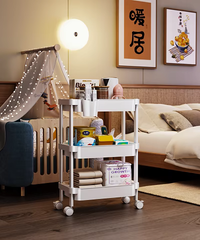 White 3 Tier Storage Shelf in Bedroom with Everyday Items Bed Tent and Wall Art 3d model
