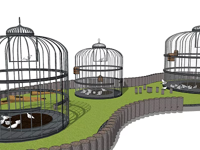 Round Metal Birdcages With Birds On Green Grass Lawn And Fence 3d model