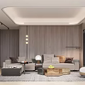 Modern Living Dining Room Interior Design With Beige Sofa Arched Doorways And Wooden Walls