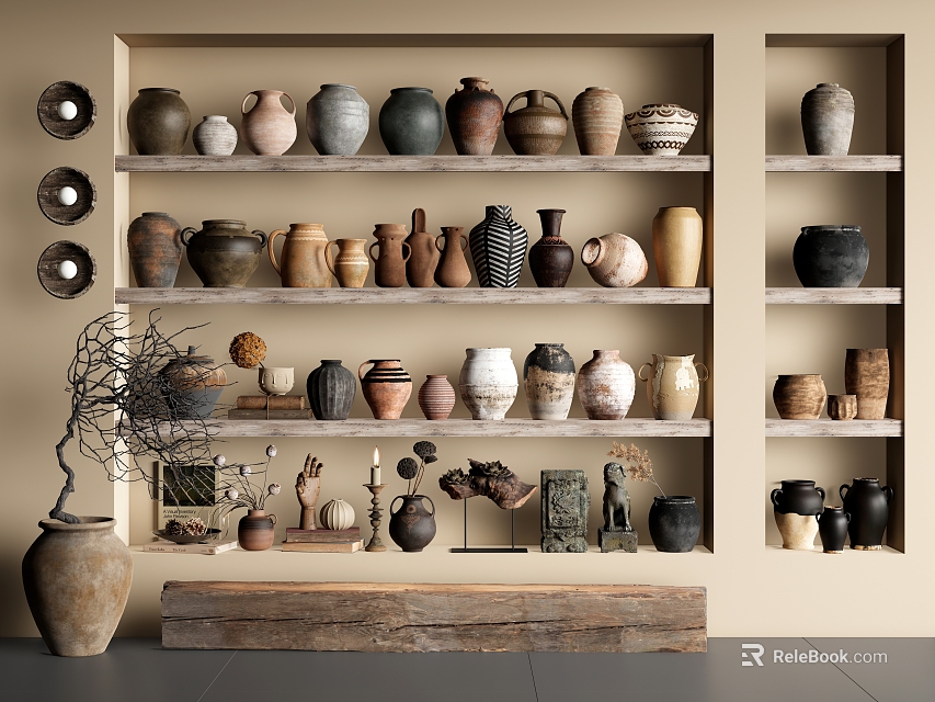Ceramic Vessels Displayed On Shelves With Various Shapes Colors And Styles 3d model 