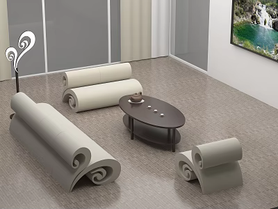 Modern Beige Sofa With Rolled Design And Dark Coffee Table Set In Living Room Interior 3d model