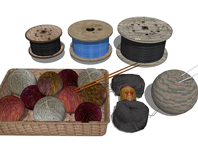 Assorted Colorful Yarn Balls And Thread Spools Collection In Woven Basket 3d model