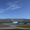 Modern Office Building Exterior With Glass Curtain Wall Green Lawn And Parking Lot