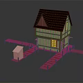 Cartoon Scene With Two Story Pink House Brown Roof Wooden Walkway And Small Shed