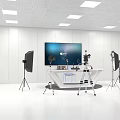 White Studio Setup With Curved Table Large Screen Camera And Lighting Equipment 3d model