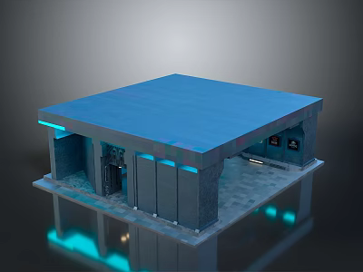 Modern Architectural Structure With Blue Roof Gray Walls And Illuminated Lines 3d model