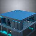 Modern Architectural Structure With Blue Roof Gray Walls And Illuminated Lines