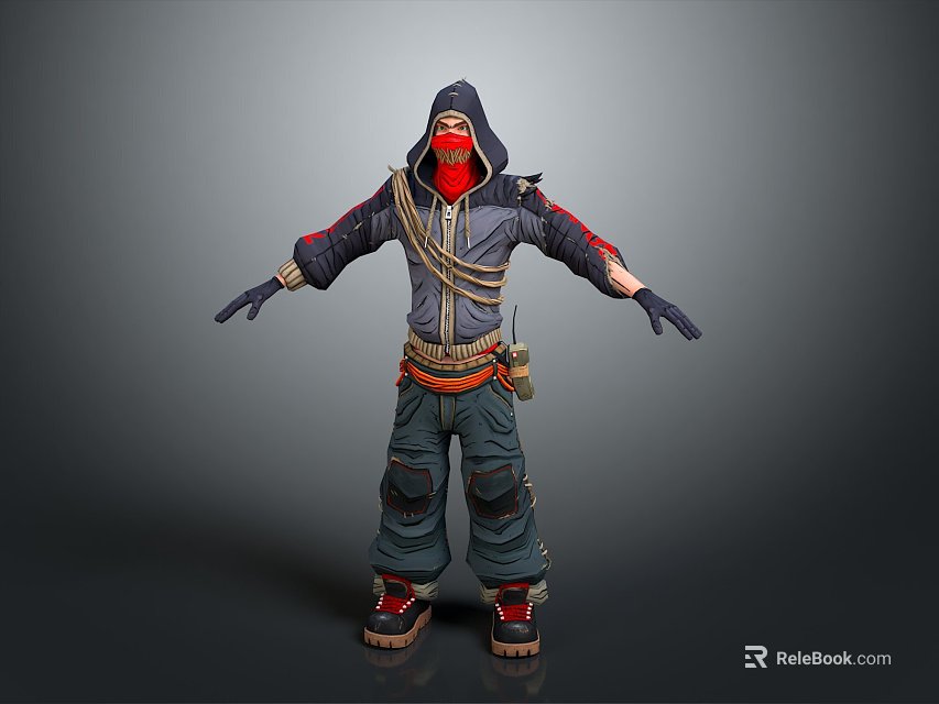 Hooded Casual Clothing Set With Red Mask Gray Jacket Utility Belt And Red Shoes 3d model 
