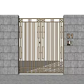 Golden Metal Fence Entrance Gate With Gray Stone Wall And Number 51