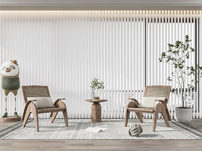 Cozy Indoor Wooden Table And Rattan Chair Set With Green Plants And Blinds 3d model