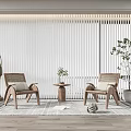 Cozy Indoor Wooden Table And Rattan Chair Set With Green Plants And Blinds