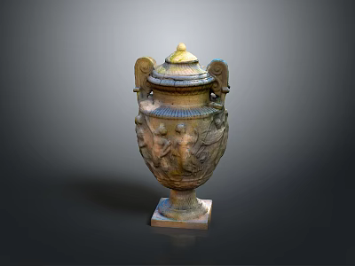 Carved Sculpture Vase With Winged Decorations Golden Lid And Relief Figures 3d model