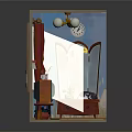 Cartoon Room Scene With Red Curtain Vintage TV Clock Mirror And Cat Doll