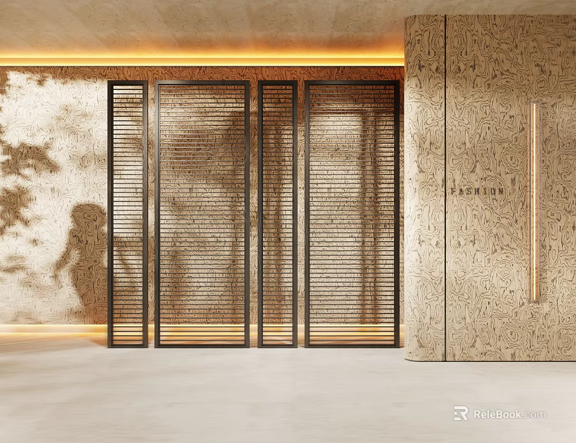 Modern Room Divider Screen With Metal Frame Wooden Slats And Interior Decorative Design 3d model 