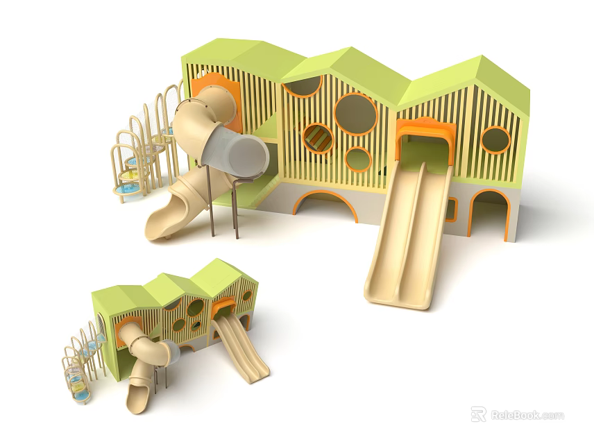 Green And Beige Playground Equipment With House Shaped Structures Slides And Climbing Hole Designs 3d model 