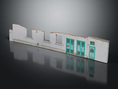 Miniature Building Model With White Wall Chipped Sections Green Doors And Reflective Surface 3d model