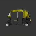 Three wheeled auto rickshaw with yellow roof black body front windshield and interior seats