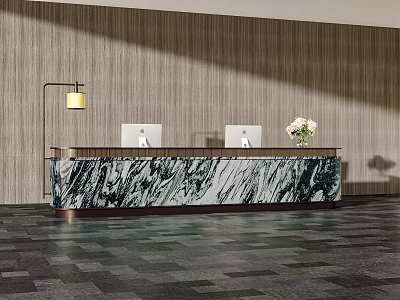 Elegant Reception Desk With Marble Countertop Two Computers Wooden Wall Floor Lamp And Flower Bouquet 3d model