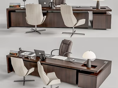Modern Office Desk With Comfortable Chairs Laptop Lamp And Books 3d model