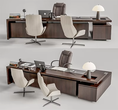 Modern Office Desk With Comfortable Chairs Laptop Lamp And Books 3d model