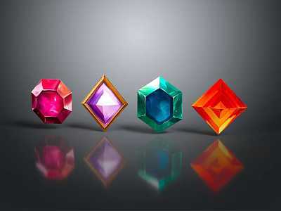 Colorful Glossy Polyhedral Gemstones With Red Purple Blue Orange Hues And Reflections 3d model