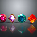 Colorful Glossy Polyhedral Gemstones With Red Purple Blue Orange Hues And Reflections